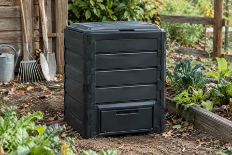Composteur de jardin noir à couvercle et porte basse, installé près d’un potager.