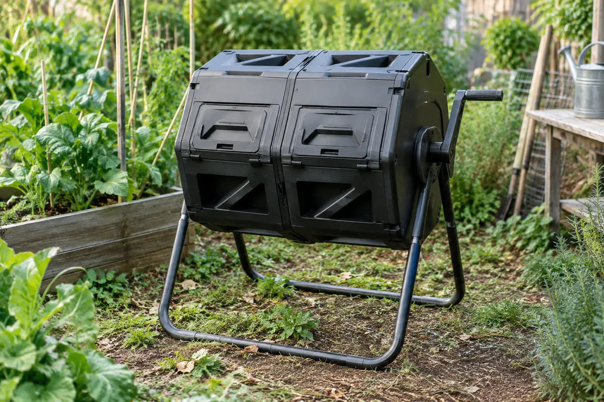 Composteur rotatif noir à deux compartiments, installé dans un jardin près d’un potager.