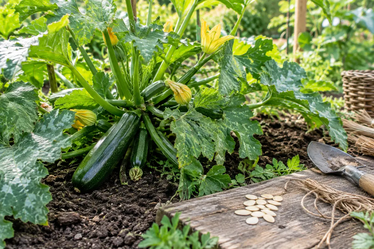 Courgettes vert foncé parmi le feuillage, avec quelques graines posées sur une planche de bois au potager