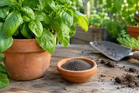 Graines de basilic marseillais près d’un pot aux grandes feuilles vertes sur une table de jardin en bois.