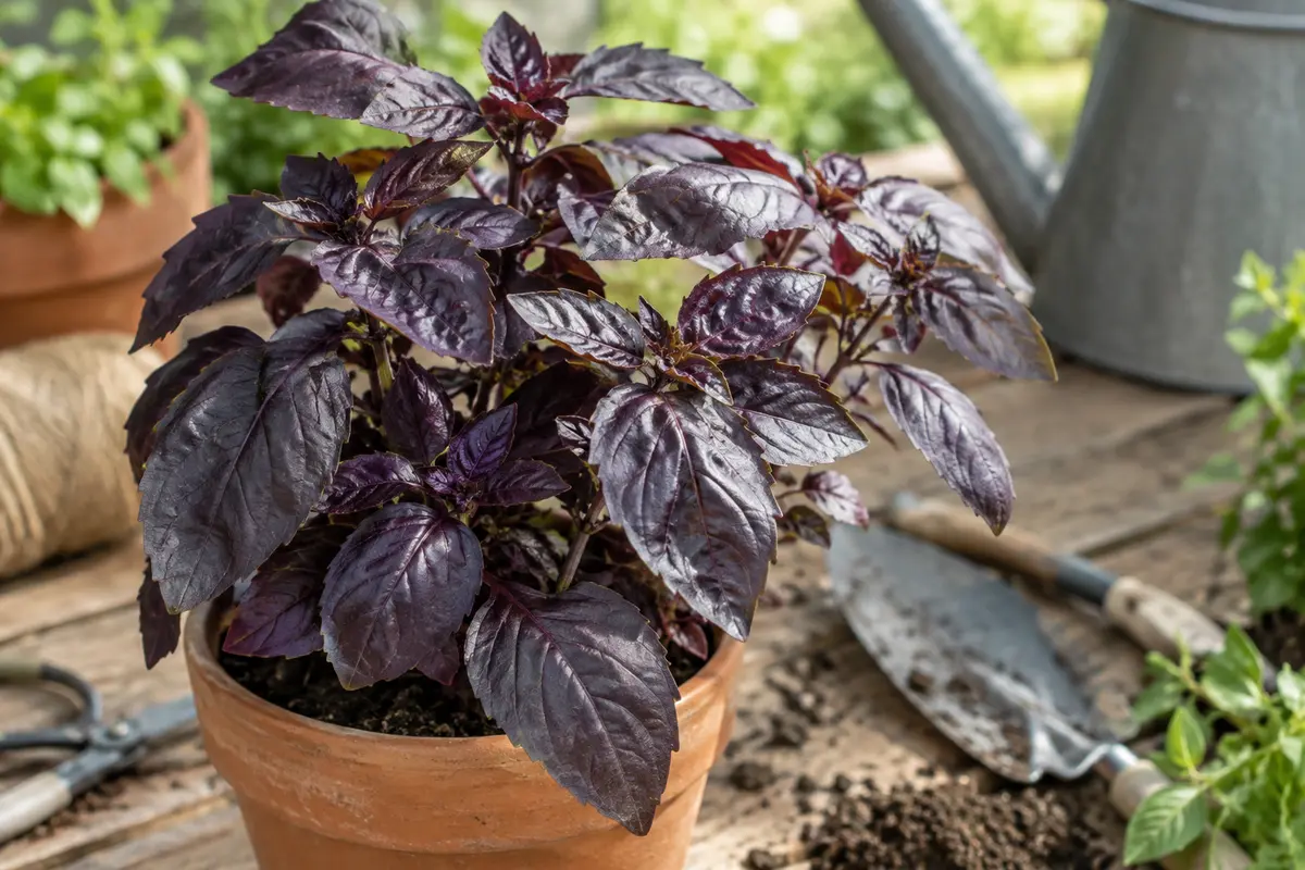 Plant de basilic pourpre aux feuilles violet foncé, cultivé en pot sur une table en bois dans un jardin lumineux.