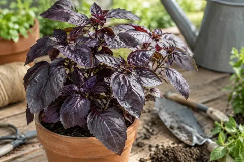 Plant de basilic pourpre aux feuilles violet foncé, cultivé en pot sur une table en bois dans un jardin lumineux.