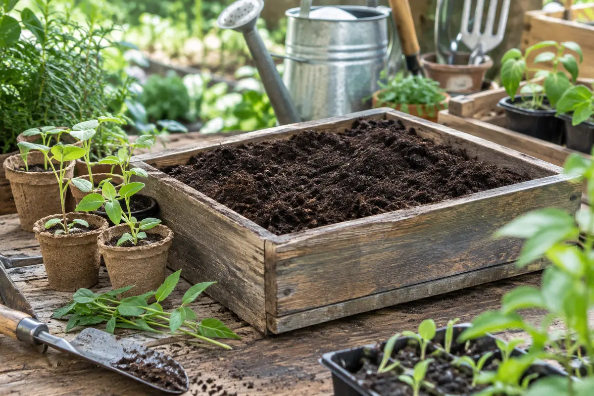 Terreau fin dans un bac en bois près de godets de semis et de jeunes pousses