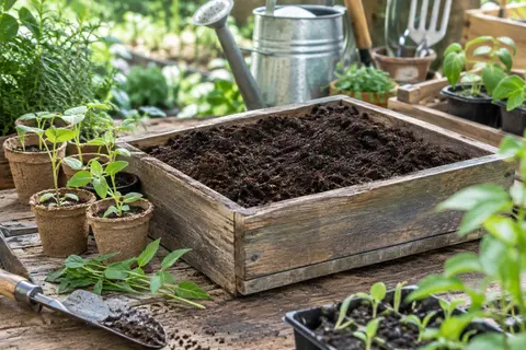 Terreau fin dans un bac en bois près de godets de semis et de jeunes pousses