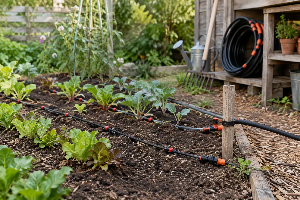 Kit goutte-à-goutte avec tuyau noir et raccords colorés installé au bord d’une planche de potager