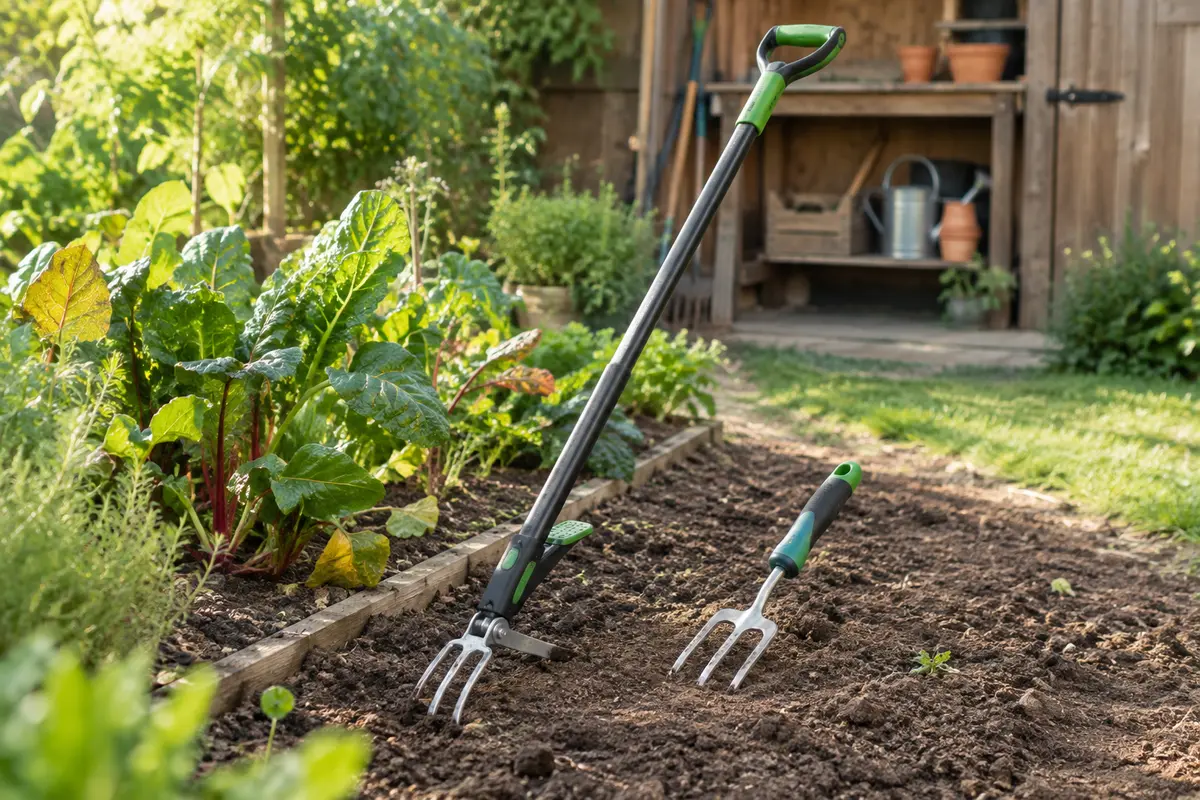 Désherbeur manuel à long manche avec pédale et fourchette à main posés près d’une bordure de jardin