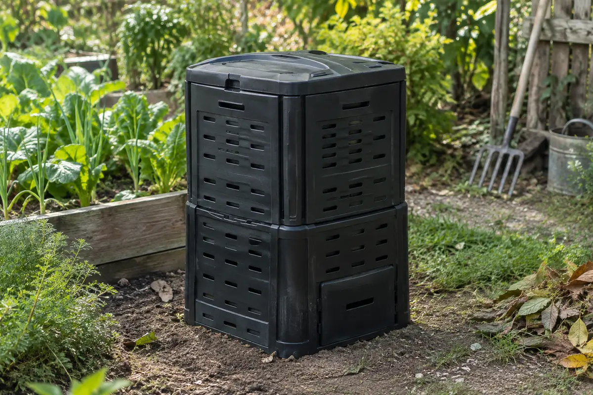 Composteur de jardin noir avec trous d’aération et ouverture de retrait, installé près d’un potager
