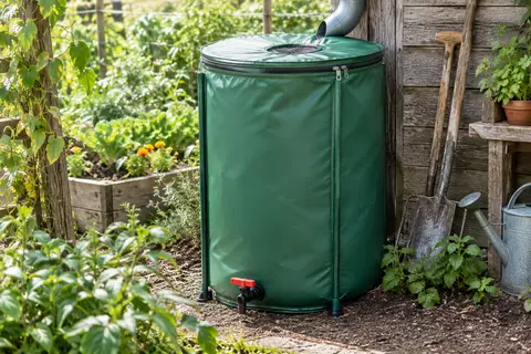 Récupérateur d’eau de pluie vert à cuve souple, avec robinet et couvercle, installé dans un jardin