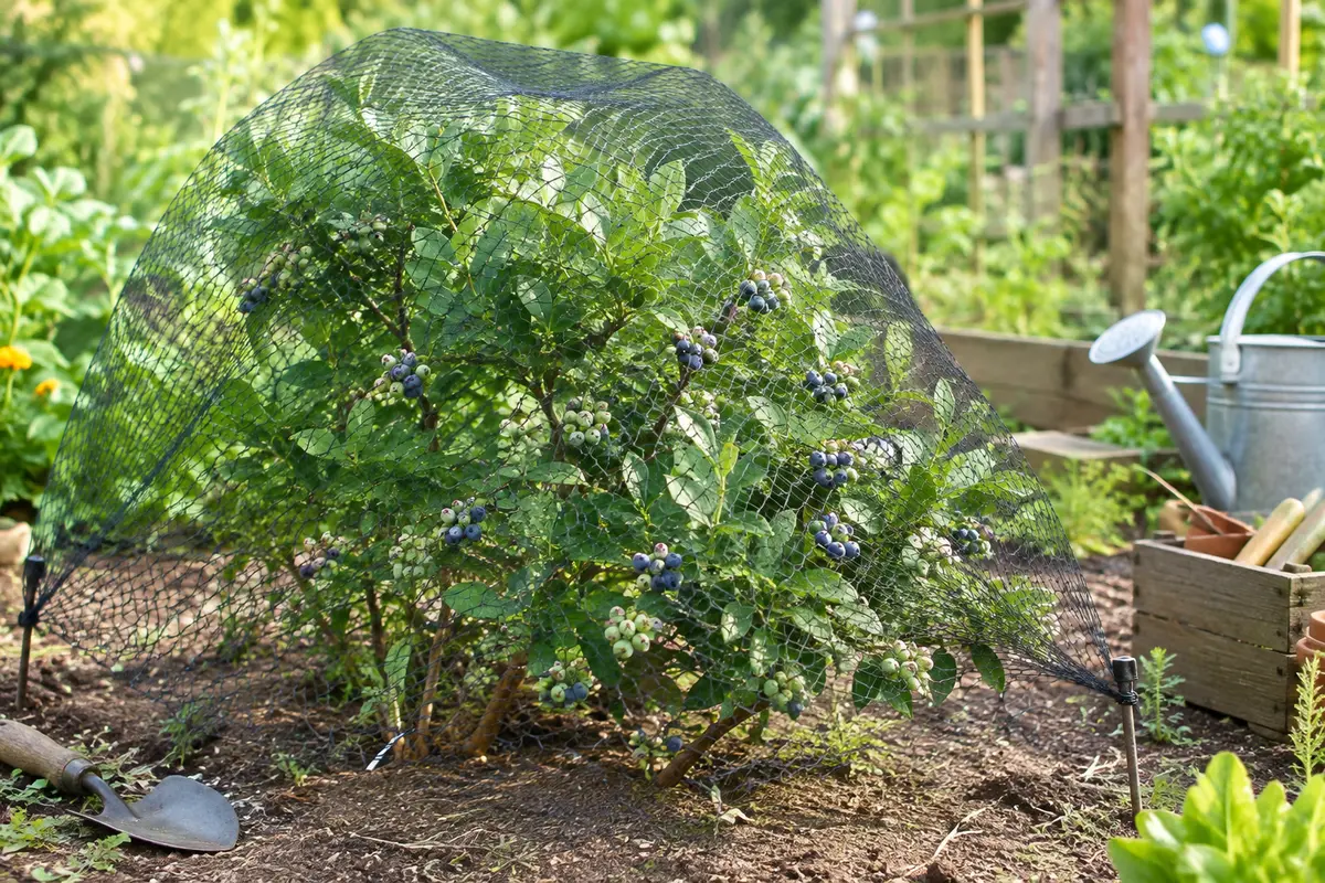 Filet anti-oiseaux noir posé sur un arbuste fruitier dans un jardin cultivé