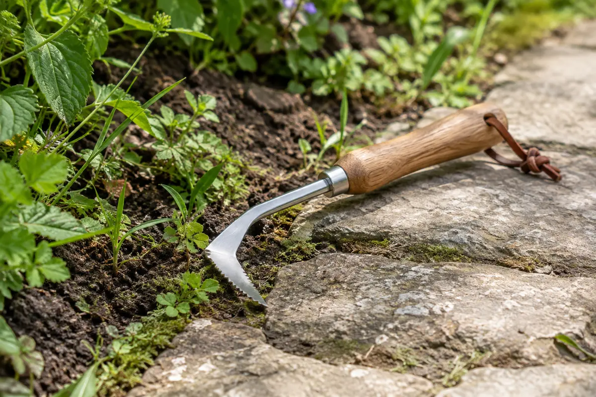 Couteau désherbeur Workpro en acier et bois posé près d’un joint de pierre envahi d’herbes
