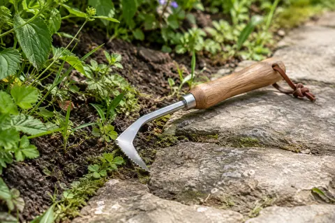 Couteau désherbeur Workpro en acier et bois posé près d’un joint de pierre envahi d’herbes