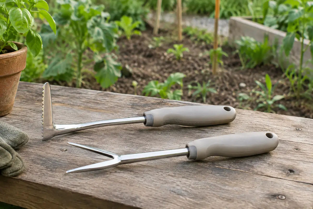 Deux désherbeurs manuels Workpro, lame dentelée en L et fourche en V, posés sur un établi de jardin