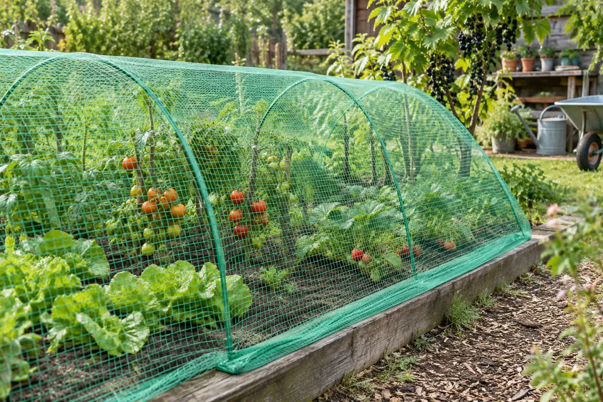 Filet vert à mailles carrées installé sur des légumes et des arbustes fruitiers dans un jardin.