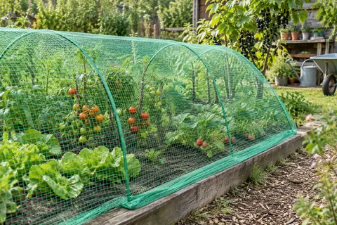 Filet vert à mailles carrées installé sur des légumes et des arbustes fruitiers dans un jardin.