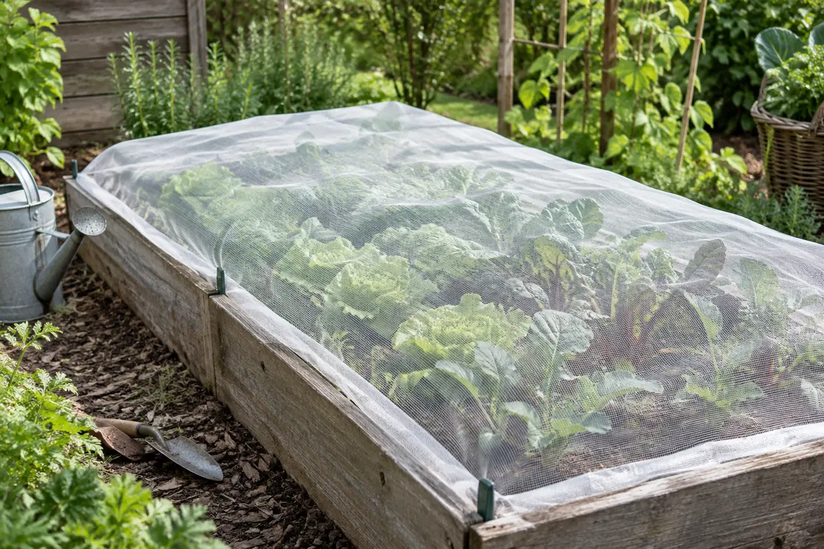 Filet blanc à maille fine tendu au-dessus d’une planche de légumes dans un jardin