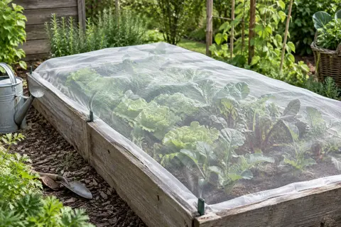 Filet blanc à maille fine tendu au-dessus d’une planche de légumes dans un jardin