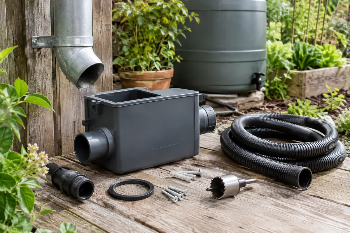 Kit collecteur d’eau de pluie avec tuyau et raccords, installé près d’une descente et d’un récupérateur