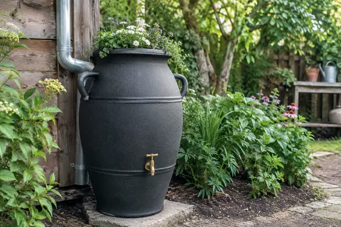 Récupérateur d’eau de pluie en forme d’amphore avec robinet et jardinière fleurie