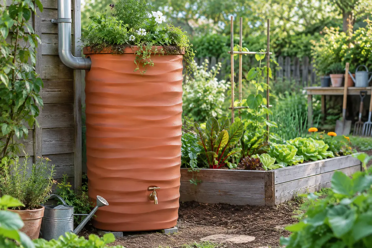 Récupérateur d’eau de pluie terracotta à relief ondulé, avec robinet et jardinière au sommet.
