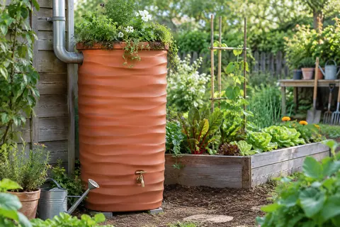 Récupérateur d’eau de pluie terracotta à relief ondulé, avec robinet et jardinière au sommet.