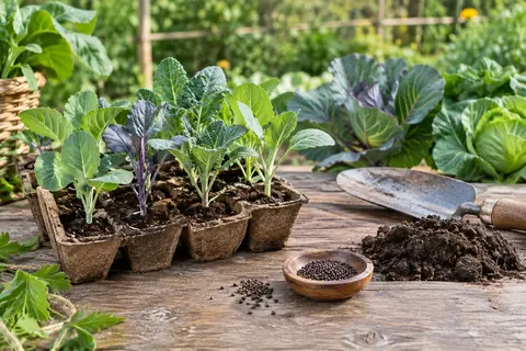 Graines de six variétés de choux présentées près de jeunes plants dans un potager ensoleillé