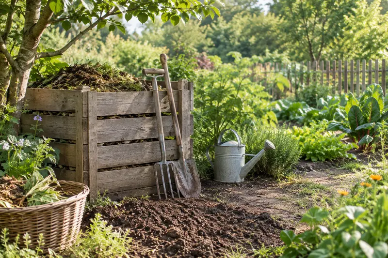 Outils manuels et composteur près d’une parcelle de jardin cultivée
