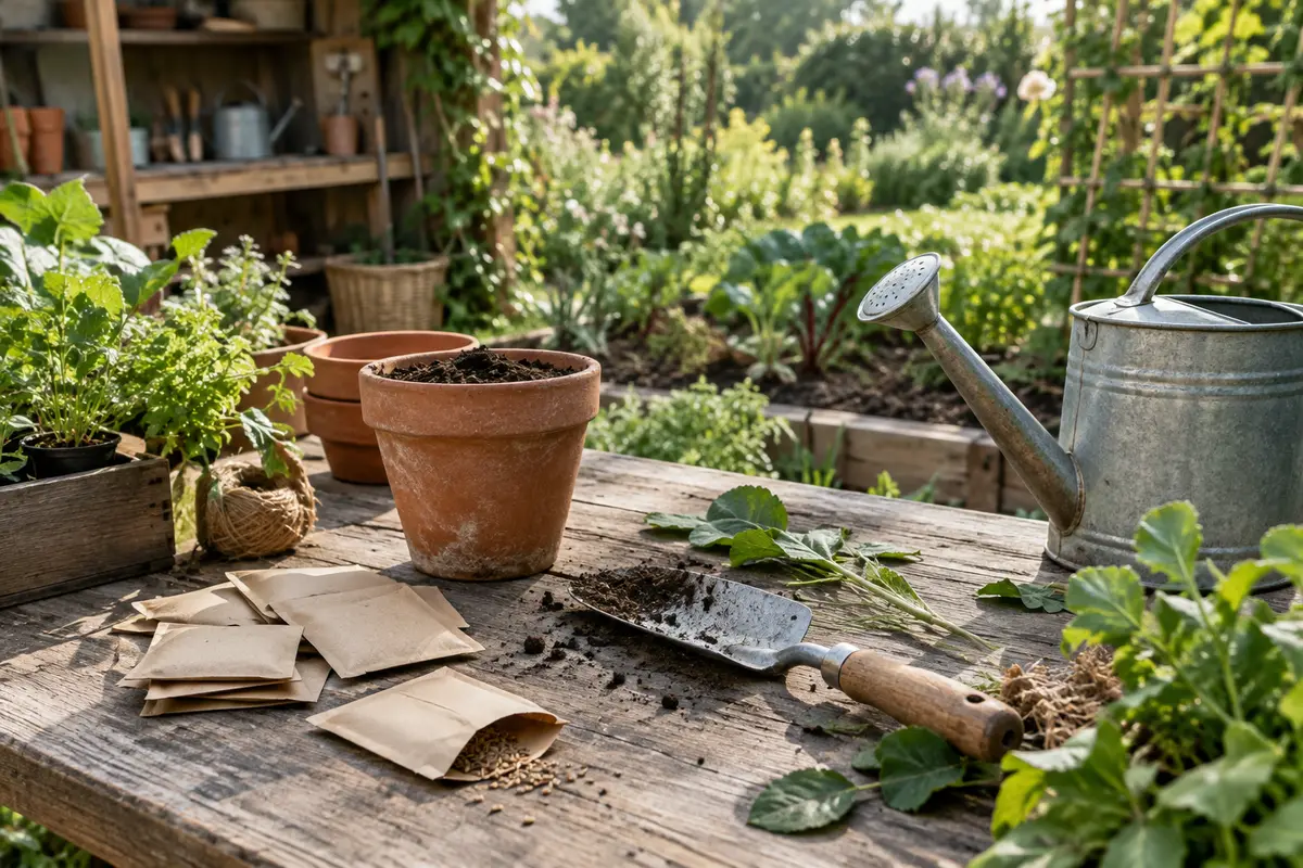 Table de jardin avec semences, terre et outils manuels dans une lumière douce